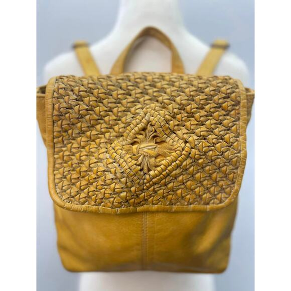 Frye & Co. Esme Leather Woven Flap Backpack in Mustard Yellow - Picture 3 of 9